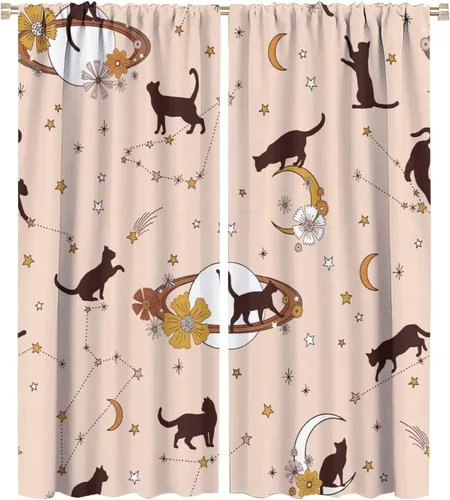 Vista 23 de Cortinas de estilo de mediados de siglo, diseño geométrico abstracto moderno, diseño retro, estampado de gato negro, para dormitorio, sala de estar