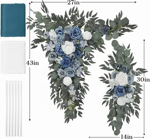 Vista 3 de Ting's time Juego de flores para arco de boda con cortinas (paquete de 4), 2 guirnaldas florales azul polvoriento y 2 cortinas de tela
