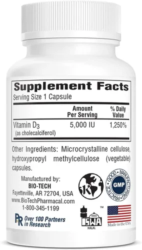Vista 3 de Bio-Tech Pharmacal D3-5 (5000 UI), 250 cápsulas vegetales - Suplemento totalmente natural - Apoya la salud ósea e inmunológica - Sin lácteos