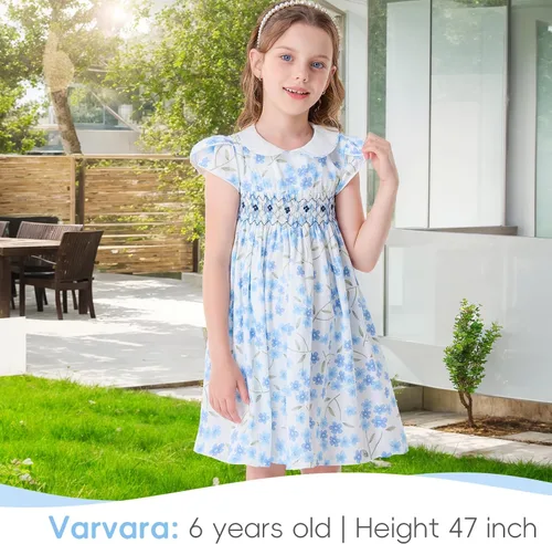Vista 4 de Girls Smocked Blue Dress Toddler Floral Summer Dress Vintage Dresses Kindergarten Graduation Dress