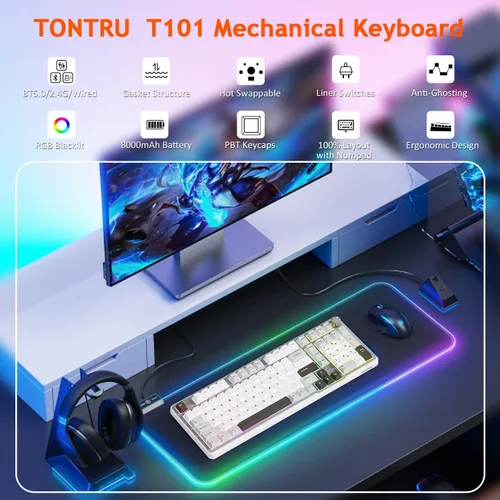 Vista 3 de Teclado mecánico inalámbrico para juegos, conectividad trimodo (Bluetooth 5.0/2.4GHz/USB-C), intercambiable en caliente, retroiluminación RGB