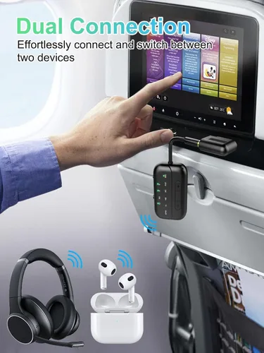 Vista 2 de Receptor transmisor Bluetooth 5.4 Pro 2026, adaptador Bluetooth para avión Qualcomm aptX LL 25hrs Battery Works with 2 Headphones Wireless