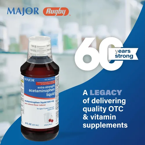 Vista 6 de MAJOR Acetaminofeno líquido extra fuerte para adultos, 500 mg, ayuda a aliviar el dolor y reducir la fiebre, sin aspirina, sabor a cereza, 8 onzas