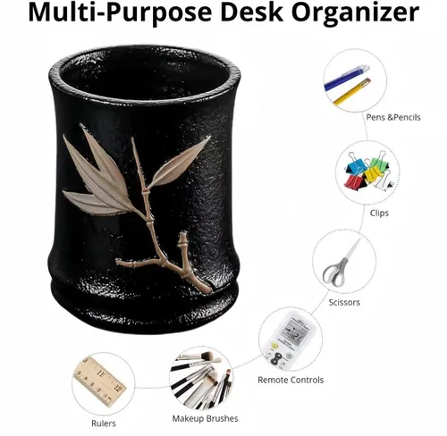 Vista 3 de Soporte estético retro de bambú para escritorio, suministros de oficina clásicos, decoración de cubículos, accesorios de espacio de trabajo