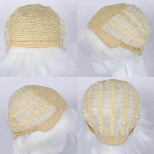 Vista 7 de Anogol Gorro de pelo + peluca corta blanca para hombres, peluca blanca para cosplay, peluca blanca corta para Halloween, evento de Navidad, fiesta