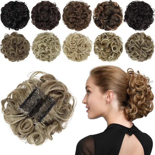 Vista 15 de Rose bud Postizo de Moño Rizado Extensiones de Moño Coletero Peinado Recogido Peinetas Sintéticas en Moño Desordenado Postizo de Cabello para 12#