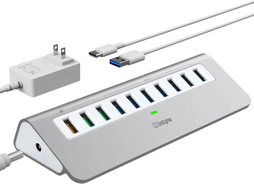 Vista 9 de intpw Hub USB con alimentación 10Gbps, Hub de datos de aluminio de 7 puertos USB 3.2 con 4 puertos USB 3.2 Gen 2, 3 puertos de carga rápida