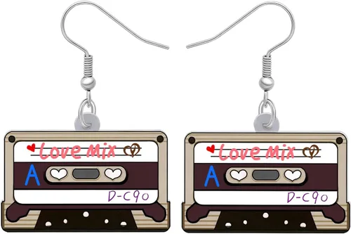 Vista 5 de Aretes de cinta de casete nostálgicos de los años 80 y 90 de acrílico cuelgan música clásica joyería de audio para mujeres, regalos