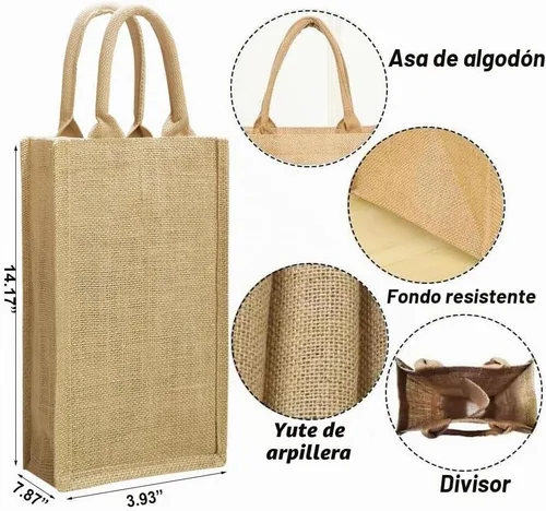 Vista 4 de Bolsa de vino de yute con 2 botellas de arpillera con asas