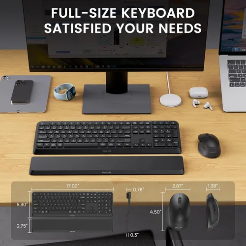 Vista 5 de PHILIPS Combo de teclado y mouse Bluetooth, diseño ergonómico con reposamuñecas para teclado de computadora, conectividad Bluetooth/2.4Ghz de 3