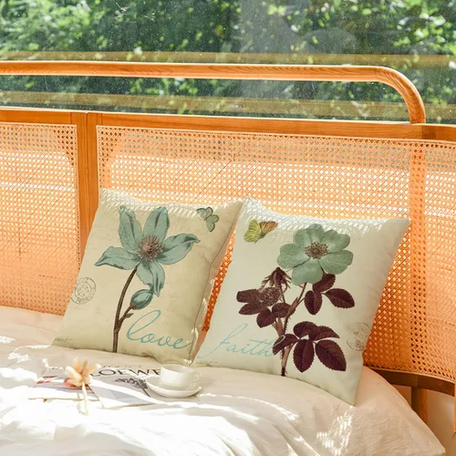 Vista 4 de Juego de 4 fundas de almohada decorativas con diseño floral, fundas de almohada lumbares de algodón y lino con hojas de loto, fundas de almohada