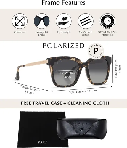 Vista 6 de DIFF Bella Designer - Gafas de sol cuadradas de gran tamaño para mujer, 100% protección UVAUVB, colores de moda de moda Tortoise