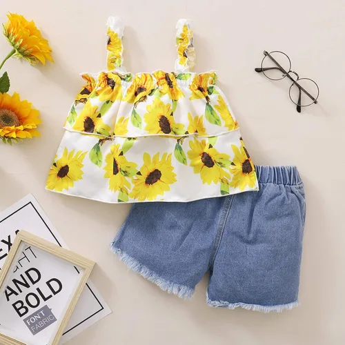 Vista 3 de Bebé Niña Estampado Floral Con Volantes Tirante Crop Top+Azul Pantalones Cortos De Mezclilla Con Agujeros Verano 2 Piezas Trajes Conjuntos De Ropa