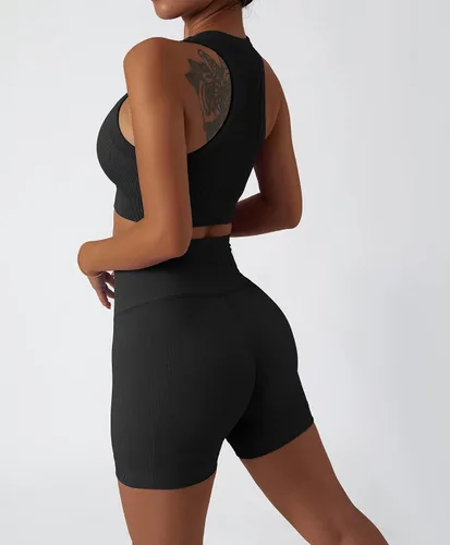 Vista 103 de Conjuntos de entrenamiento para mujer, 2 piezas, sin costuras, acanalada, sin mangas, brasier deportivo, cintura alta, pantalones cortos