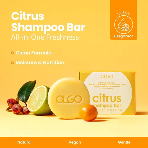 Vista 4 de Barra de champú cítrico Champú sólido todo en uno y gel de baño Aceites cítricos, argán y jojoba Cuidado diario suave, fórmula vegana