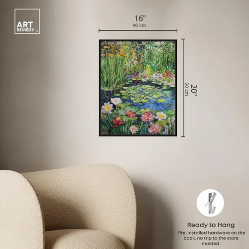 Vista 5 de Art Remedy Impresionista estanque enmarcado impresionismo, arte de pared en lienzo de 1 pieza, arte inspirado en Monet y Van Gogh, 17 x 21 pulgadas