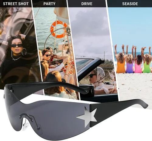 Vista 7 de Kepoita Gafas de sol Y2k sin montura para mujer, de gran tamaño, retro, a la moda, protección futurista, envolvente, sin marco, Marco negro gris.