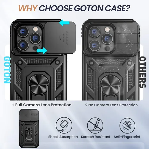 Vista 5 de Goton - Funda compatible para iPhone 14 Pro con protector de pantalla - Funda protectora deslizante para cámara con soporte para anillo, parachoques