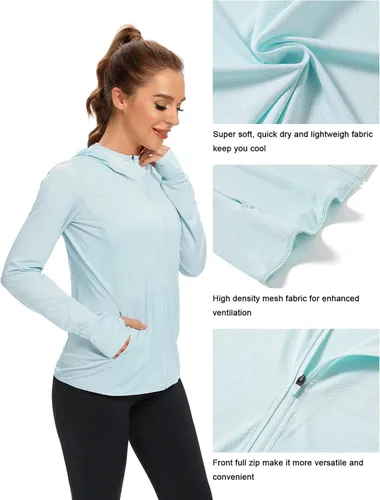 Vista 4 de Ropa de protección solar UPF 50+ para mujer, sudadera con capucha y protección solar con cremallera, SPF de manga larga, camisa para el sol, pesca