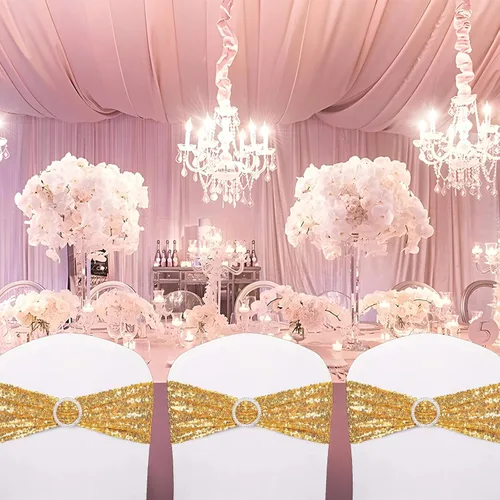 Vista 3 de 50 bandas de lentejuelas para silla de 5.9 x 13.78 pulgadas, color dorado, para decoración de silla brillante para bodas, banquetes, fiestas