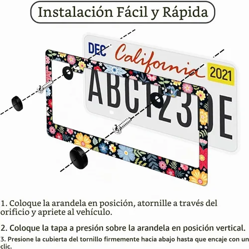 Vista 6 de Marco de matrícula personalizado, marco de placa de matrícula de flores hippie, 2 piezas, cubierta de placa de acero inoxidable para hombres y Negro