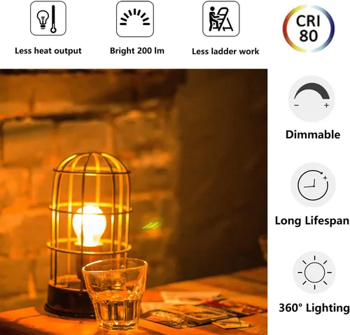 Vista 5 de Beonllay Bombilla LED Globo Regulable de 2W Equivalente a 25 Vatios Bombilla E26 Blanco Cálido 2500K Bombilla Edison LED, Bombilla Decorativa Edison