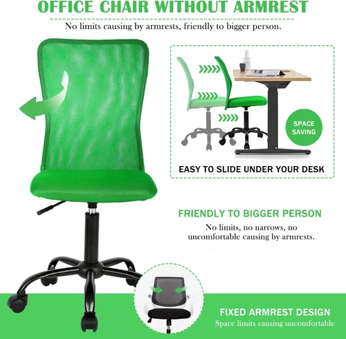 Vista 5 de Sillas ergonómicas, bonita silla de escritorio de oficina ajustable sin brazos con respaldo de malla y suave y gruesa silla verde para oficina