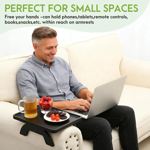 Vista 2 de Mesa de Brazo de Sofá SINWANT, Bandeja de Brazo de Sofá de Bambú para Respaldo, Bandeja con Clip de 13.78" para Sofá para Sala de Estar, Snack