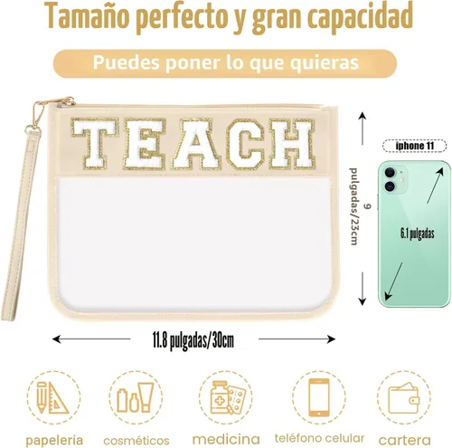 Vista 2 de Regalos de Apreciación para Profesores TEACH Bolso de Maquillaje de Chenilla con Letras, Bolso Transparente de PVC con Monograma y Cremallera