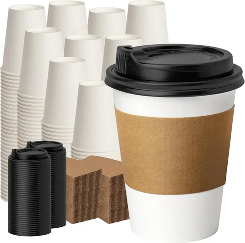 Vista 14 de YEEHAW - Paquete de 50 tazas de café de 12 onzas con tapas y fundas Mangas Kraft blancas