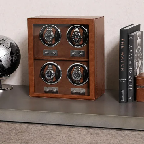 Vista 3 de ROTHWELL Bobinadora de 4 relojes para relojes automáticos con motor silencioso con múltiples velocidades y ajustes de rotación (bronceado/marrón)