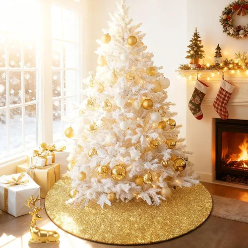 Vista 9 de Falda de lentejuelas para árbol de Navidad, 48 pulgadas, doble capa, para bodas y fiestas Dorado