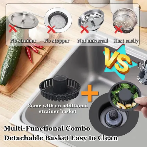 Vista 3 de BAOLSLS Tapón de fregadero de cocina 3 en 1, colador de drenaje para fregadero de cocina, con un colador de cesta adicional, tapón de drenaje