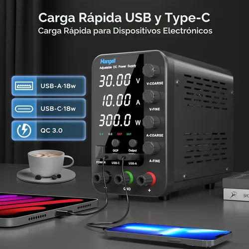 Vista 4 de Fuente de alimentación de CC variable, fuente de alimentación de banco de 30 V 10 A con codificador perilla de ajustes gruesos y finos, fuentes