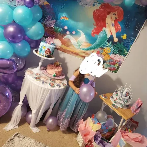 Vista 6 de PURFEEL Vestido de sirena con lentejuelas para niñas vestido de fiesta de sirena bordado con todos los accesorios color morado y verde 3-4 años