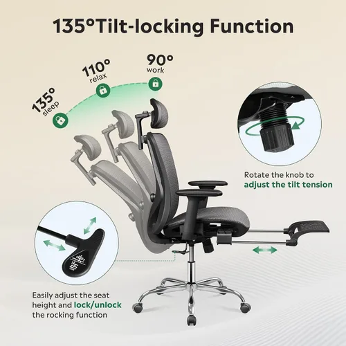 Vista 6 de DEVAISE Silla de escritorio ergonómica de malla para oficina, reposapiés retráctil y soporte lumbar ajustable, cómoda silla reclinable