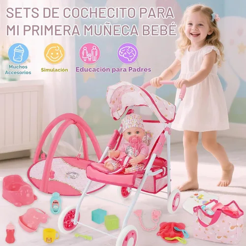 Vista 2 de deAO Juego de Cochecito de Muñeca Bebé con Muñecas Bebé de 12" Juego de Guardería de 17 PIEZAS Accesorios para Muñecas Bebé con Tapete de Juego