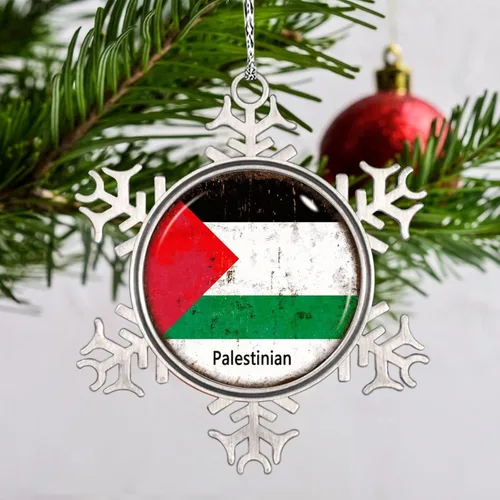 Vista 2 de Adornos de Navidad con bandera palestina 2023, adorno de copo de nieve para decoración de árbol de Navidad, decoración de árbol de Navidad