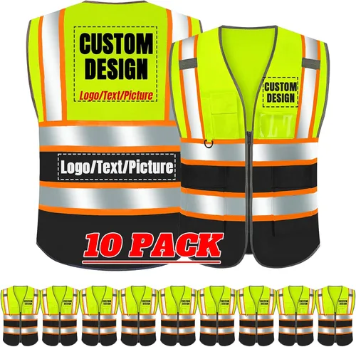 Vista 15 de BeautyWill Chaleco de seguridad con logotipo personalizado Class2 Chaleco reflectante de alta visibilidad con bolsillos y cremallera chaleco