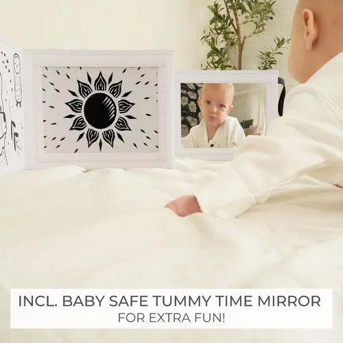 Vista 3 de Libro de tiempo de barriga suave con espejo estimulante seguro para bebés - Divertido juguete Montessori en blanco y negro con relleno arrugado y 20