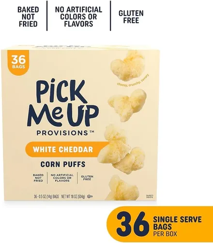 Vista 4 de Pick Me Up Provisions Puffs de maíz cheddar blanco sin gluten, 36/Bx