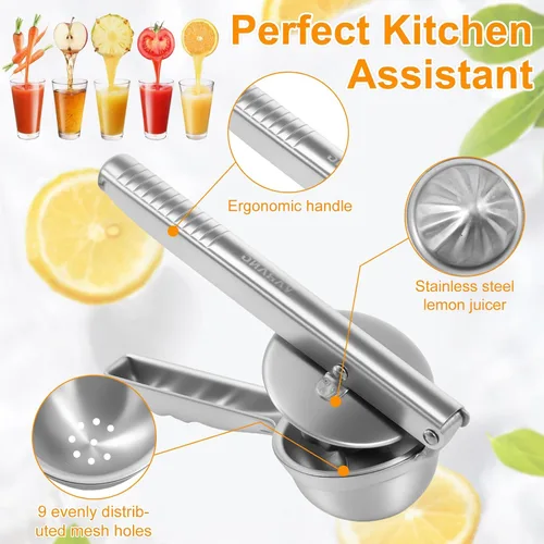 Vista 3 de Exprimidor de limón de acero inoxidable, exprimidor manual de prensa manual con mango ergonómico, prensa de ajo, extractor de frutas a prueba