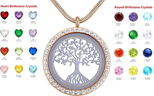 Vista 6 de GOKING Collar de árbol de la vida, colgante flotante con 24 piedras de nacimiento para mujeres y niñas, colgante redondo de acero inoxidable