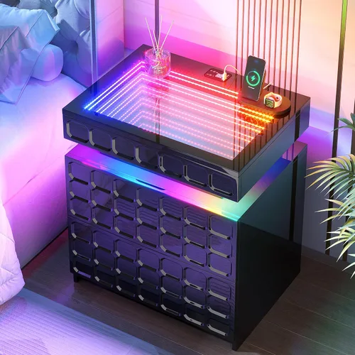 Vista 3 de Vlsrka Mesita de noche con luces RGB, soporte de noche inteligente con Negro