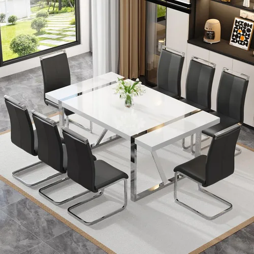 Vista 9 de Mesa de comedor Ebullient para 4, mesa de comedor rectangular negra de MDF, tapa de mesa de cena de mármol falso, mesa de comedor moderna con marco