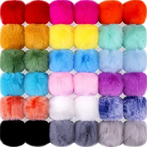 Vista 9 de BQTQ 36 pompones de piel sintética con lazo elástico, pompones de piel sintética de conejo para sombreros, zapatos, bufandas, guantes, bolsas