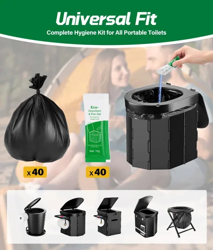 Vista 5 de 40 bolsas de inodoro portátiles con juego de 40 poo gel, bolsa de inodoro de campamento de 12 galones con poder ecológico súper absorbente, bolsas
