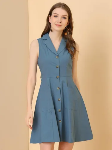 Vista 3 de Allegra K Vestido camisero con botones y solapa con muescas para mujer