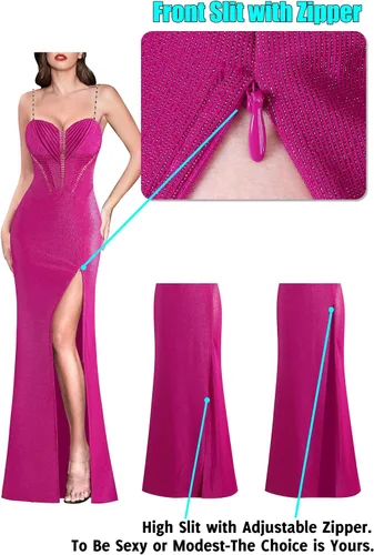 Vista 9 de VFSHOW Vestido largo formal para mujer, con cuentas, tirantes delgados, fruncido, para invitadas de boda, vestido de noche sexy con abertura alta