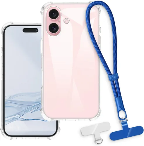Vista 18 de Funda y correa de muñeca para iPhone 16 - transparente+negro Funda protectora 2 en 1 para teléfono de 6.1 pulgadas con cordón desmontable y Funda